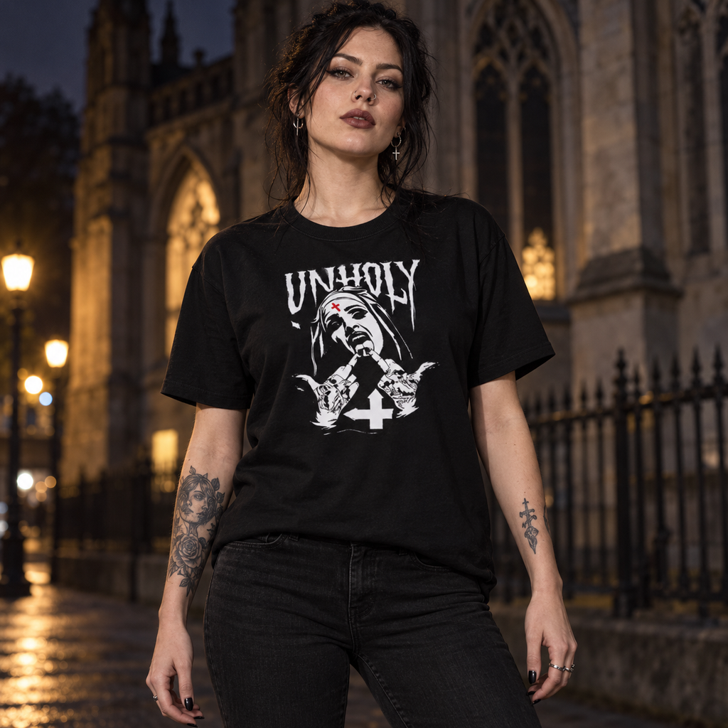 Unholy Nun Gothic Graphic T-Shirt/Sweatshirt/Hooide – Dark Alternative Front & Back Streetwear Tee