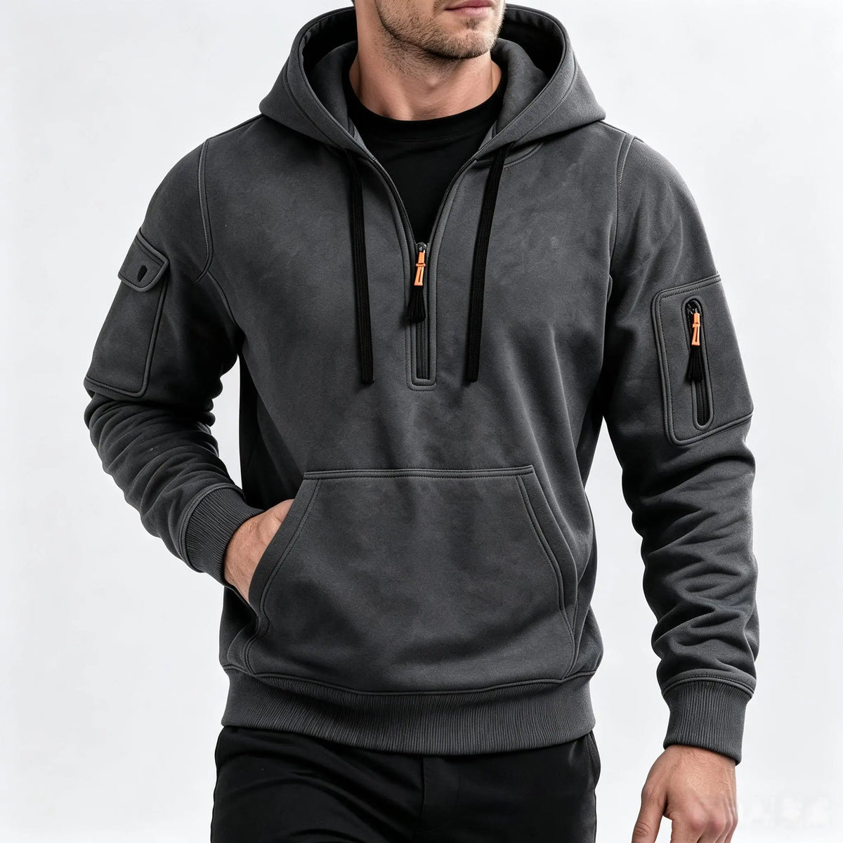 Men’s Fleece-Lined Utility Half-Zip Hoodie – Warm Workwear Pullover with Sleeve & Kangaroo Pockets