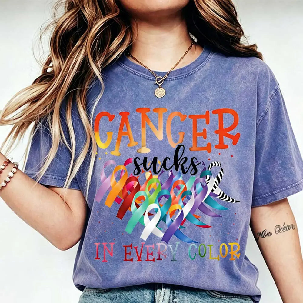 Cancer Sucks In Every Color T-Shirt/Sweatshirt/Hoodie – Multicolor Cancer Awareness Ribbon Graphic Tee