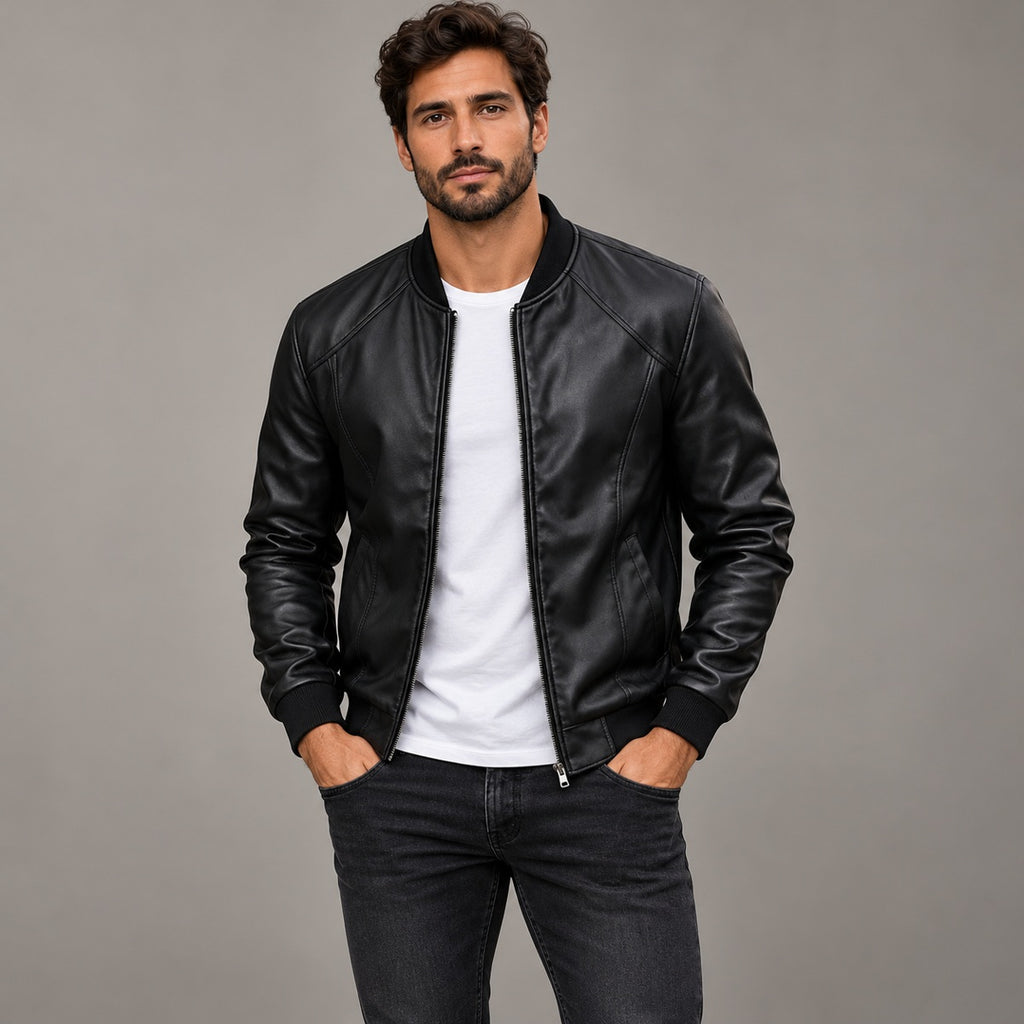 Men’s Faux Leather Bomber Jacket – Vintage Style, Slim Fit & Zip-Up Design
