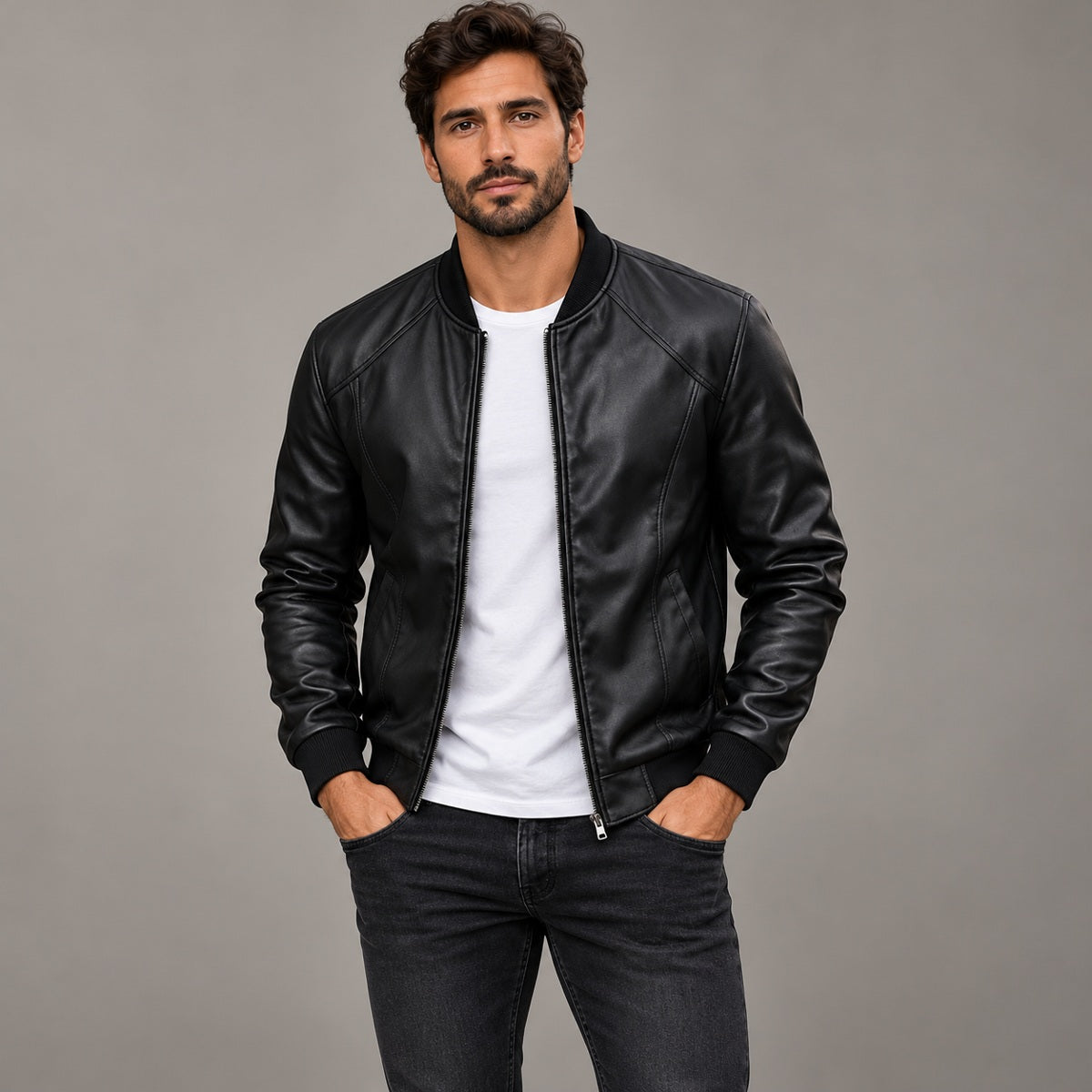 Men’s Faux Leather Bomber Jacket – Vintage Style, Slim Fit & Zip-Up Design