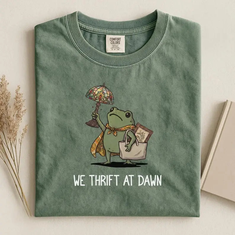 We Thrift At Dawn Funny Frog Graphic T-Shirt, Sweatshirt & Hoodie – Thrift Lover Vintage Treasure Hunting Tee