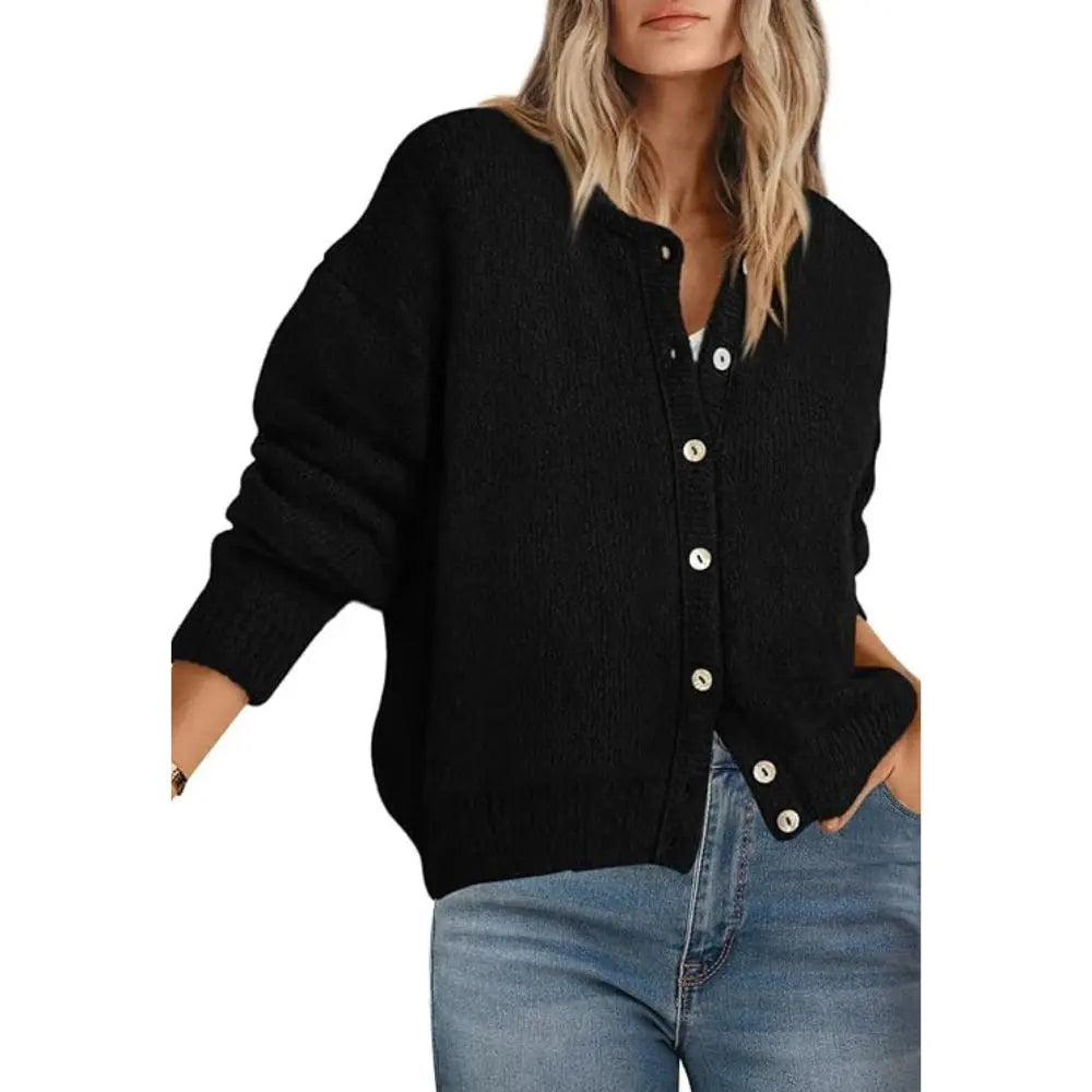 Women’s Button Front Knit Cardigan – Crewneck Long Sleeve Relaxed Fit Chunky Sweater