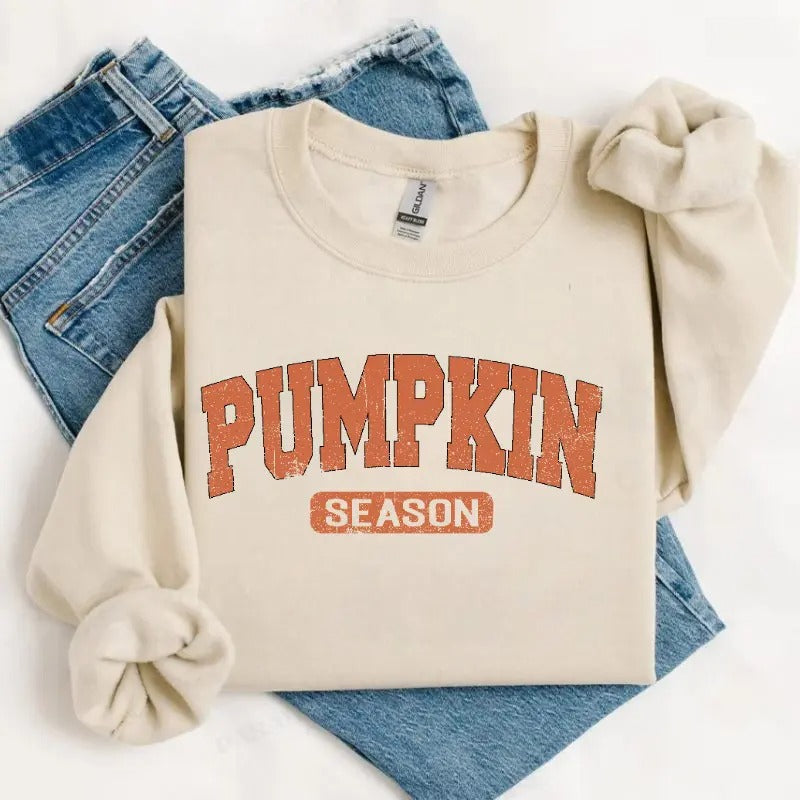 Pumpkin Season Sweatshirt/Hoodie/T-Shirt – Retro Varsity Fall Graphic Crewneck for Women