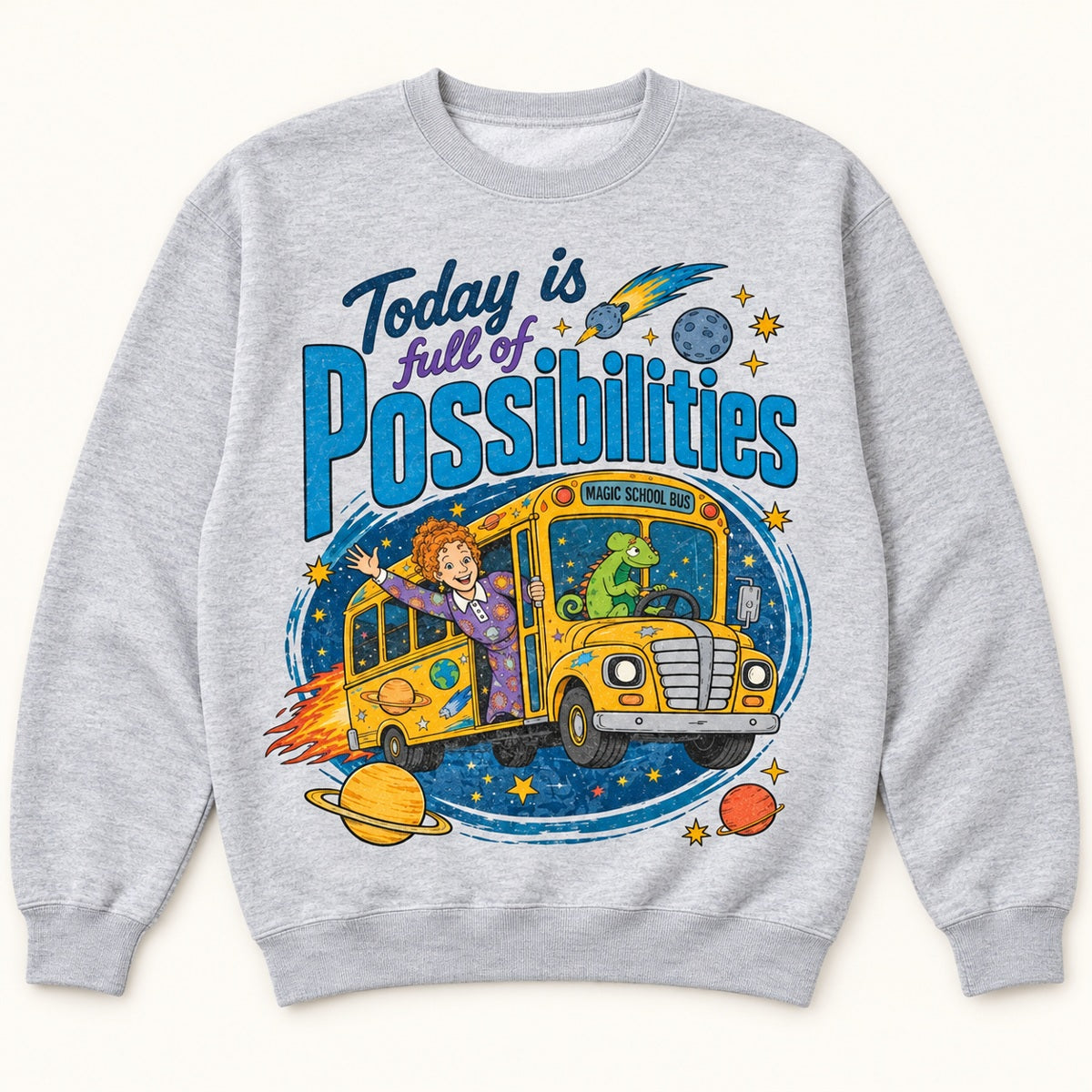 Magic School Bus Today Is Full of Possibilities Graphic T-Shirt, Sweatshirt & Hoodie – Retro 90s Teacher Cartoon Print