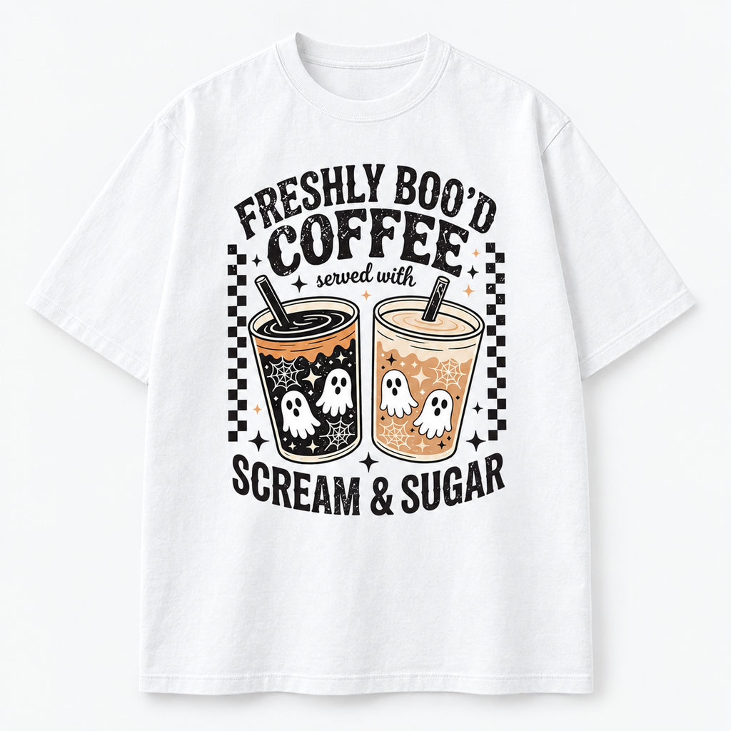Freshly Boo’d Coffee Halloween T-Shirt/Sweatshirt/Hoodie – Ghost Coffee Scream & Sugar Graphic Tee