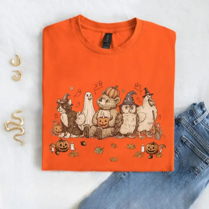 Cute Halloween Animal Friends T-Shirt, Sweatshirt & Hoodie – Vintage Spooky Bear, Cat & Ghost Graphic Print