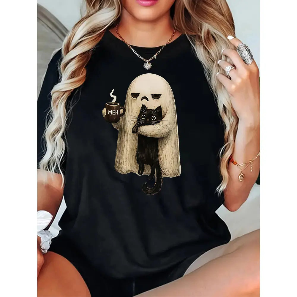 Meh Ghost Cat Halloween T-Shirt/Sweatshirt/Hoodie – Funny Black Cat Coffee Spooky Graphic Tee