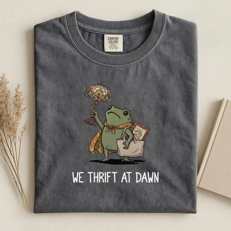 We Thrift At Dawn Funny Frog Graphic T-Shirt, Sweatshirt & Hoodie – Thrift Lover Vintage Treasure Hunting Tee