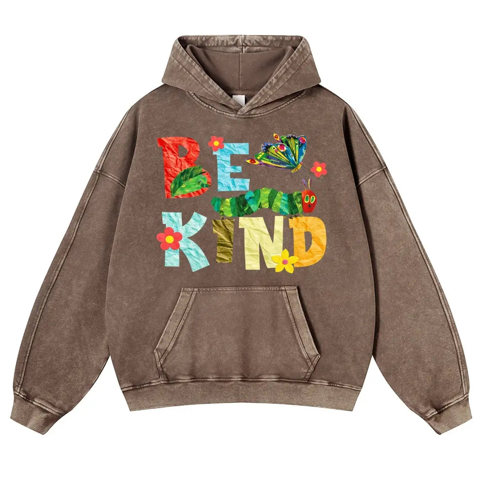 Be Kind Caterpillar Graphic T-Shirt, Sweatshirt & Hoodie – Colorful Butterfly & Flower Collage Print, Positive Kindness Quote, Retro Cute Casual Graphic Top