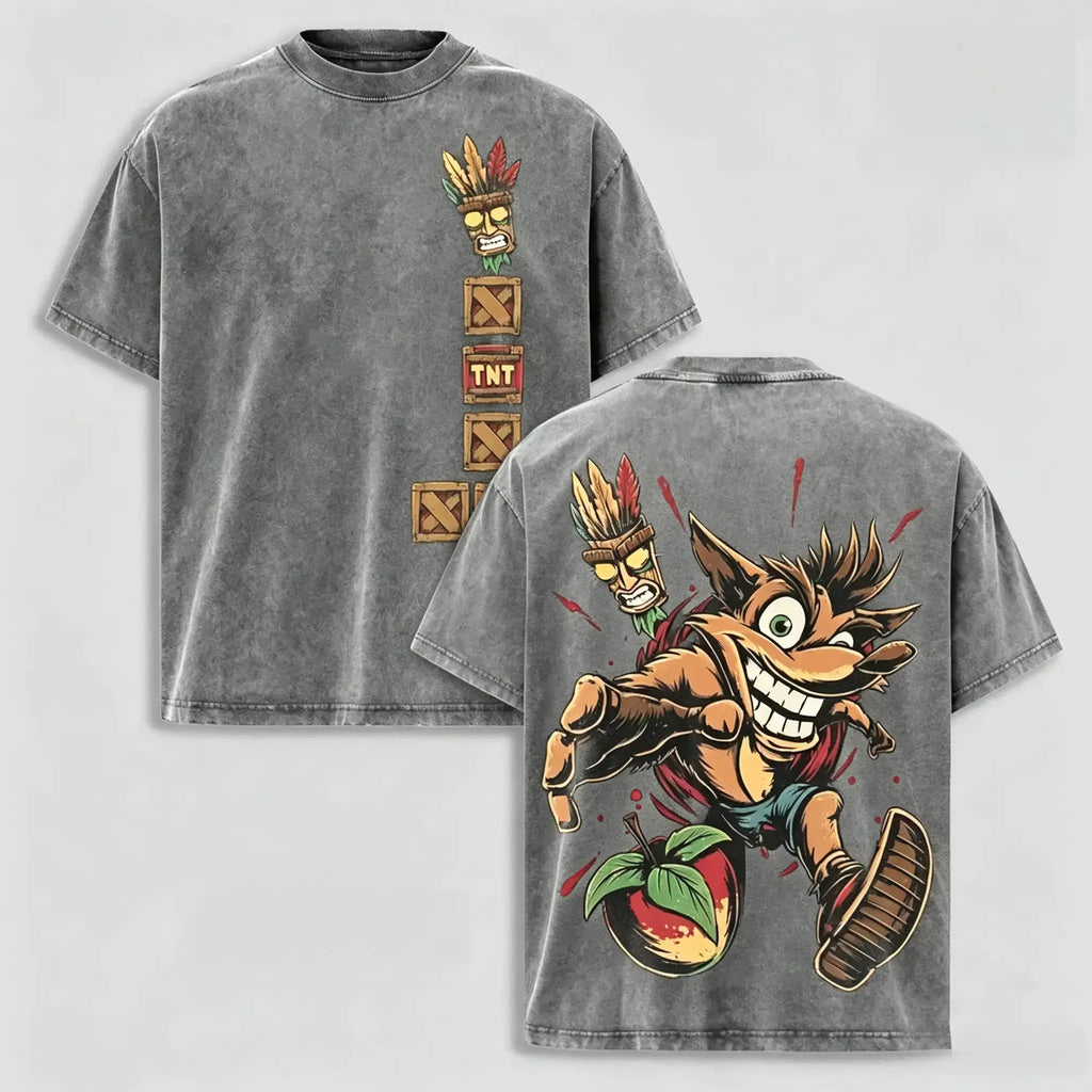 Crash Bandicoot Vintage Washed T-Shirt/Sweatshirt/Hoodie – Aku Aku Front & Back Graphic Tee, Retro Gaming Streetwear