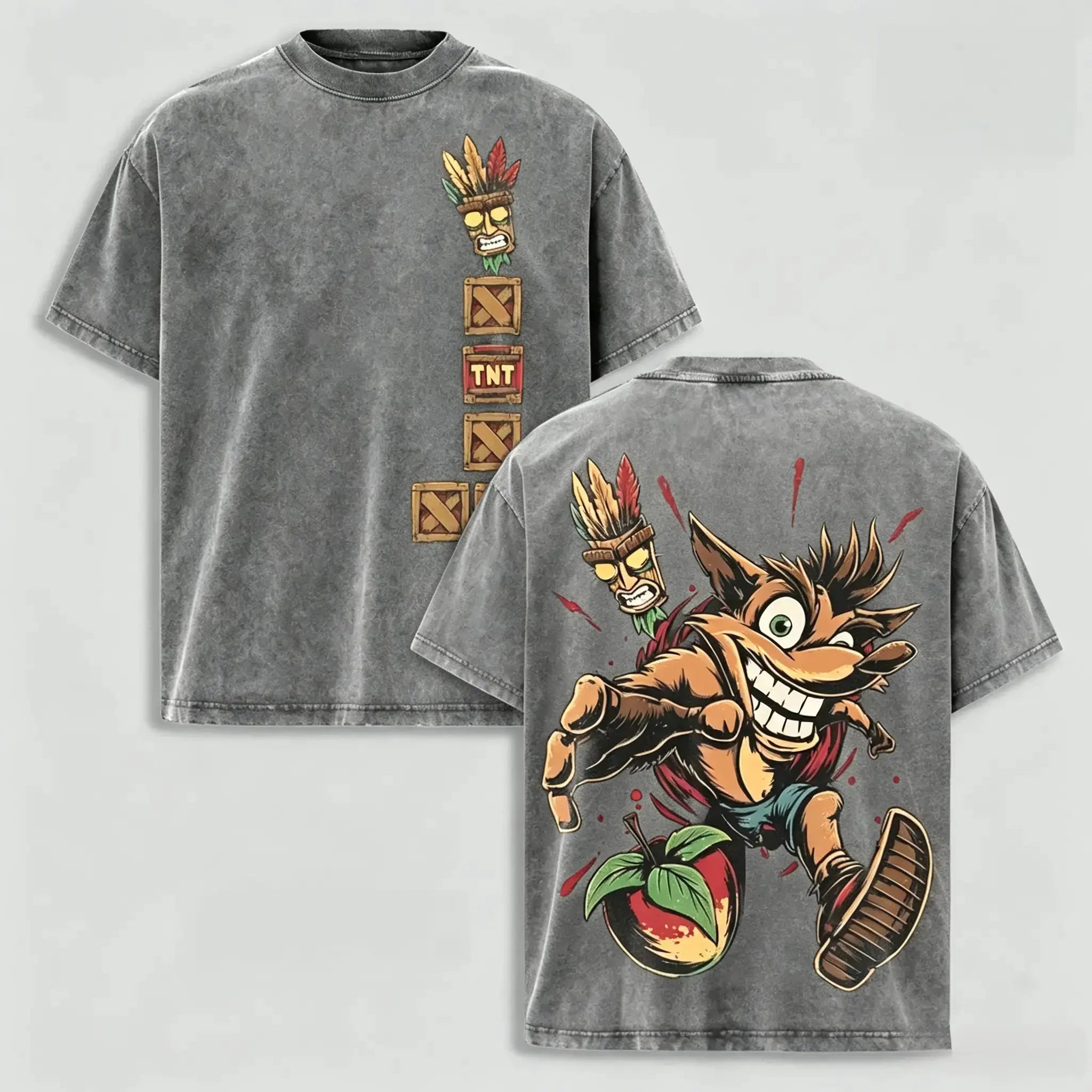 Crash Bandicoot Vintage Washed T-Shirt/Sweatshirt/Hoodie – Aku Aku Front & Back Graphic Tee, Retro Gaming Streetwear