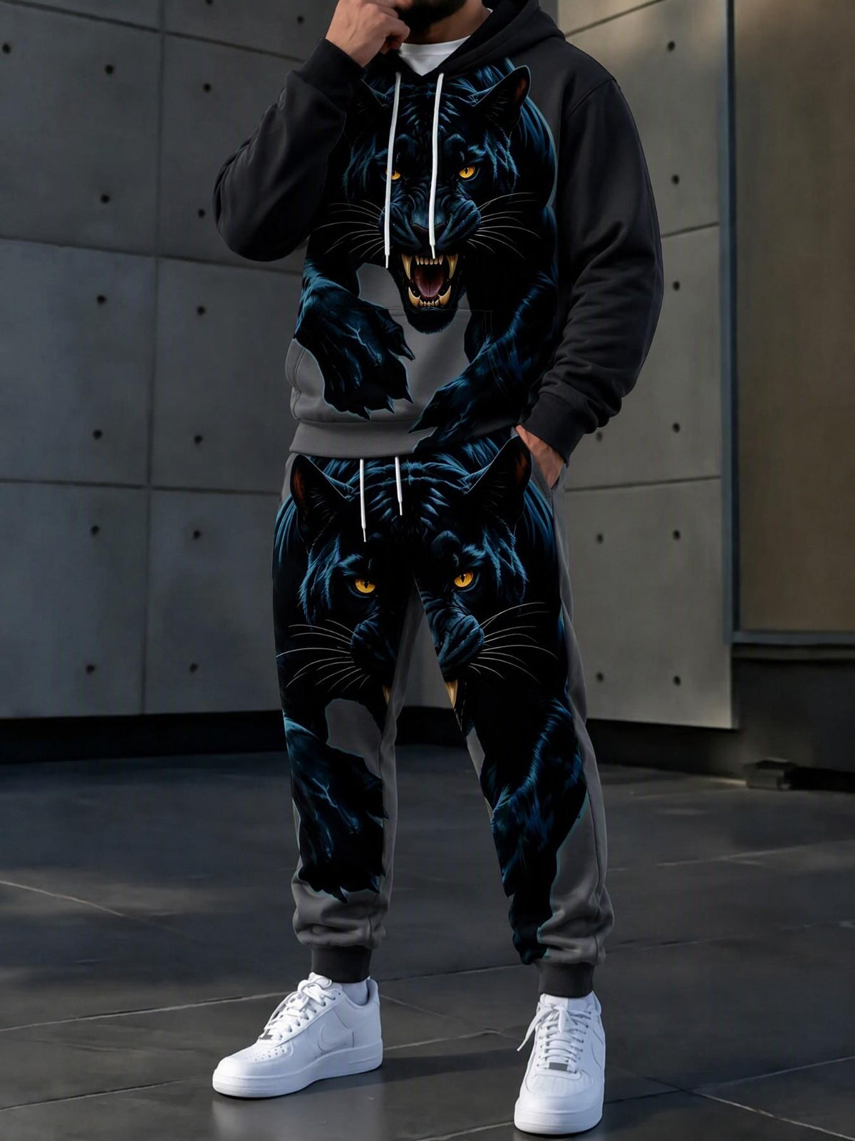 Men's Black Panther Graphic Hoodie & Jogger Pants Set – Bold Streetwear Tracksuit