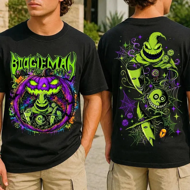 Welcome to Our Nightmare T-Shirt, Sweatshirt & Hoodie – Boogeyman Halloween Horror Graphic, Spooky Pumpkin & Scary Characters, Front and Back Print Halloween Gift