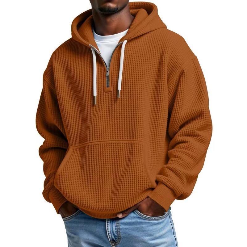 Men’s Waffle Knit Half-Zip Hoodie – Casual Textured Pullover with Kangaroo Pocket & Drawstring