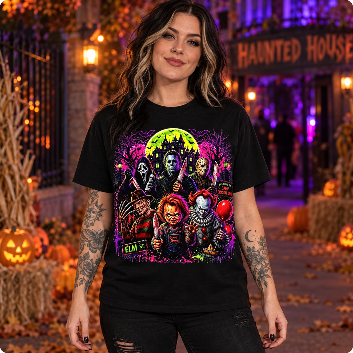 Neon Horror Halloween Graphic T-Shirt/Sweatshirt/Hoodie– Scary Movie Characters Spooky Season Tee
