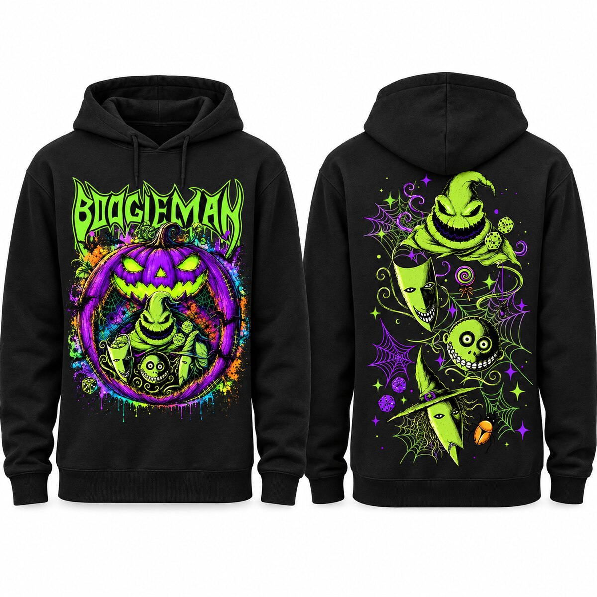 Welcome to Our Nightmare T-Shirt, Sweatshirt & Hoodie – Boogeyman Halloween Horror Graphic, Spooky Pumpkin & Scary Characters, Front and Back Print Halloween Gift