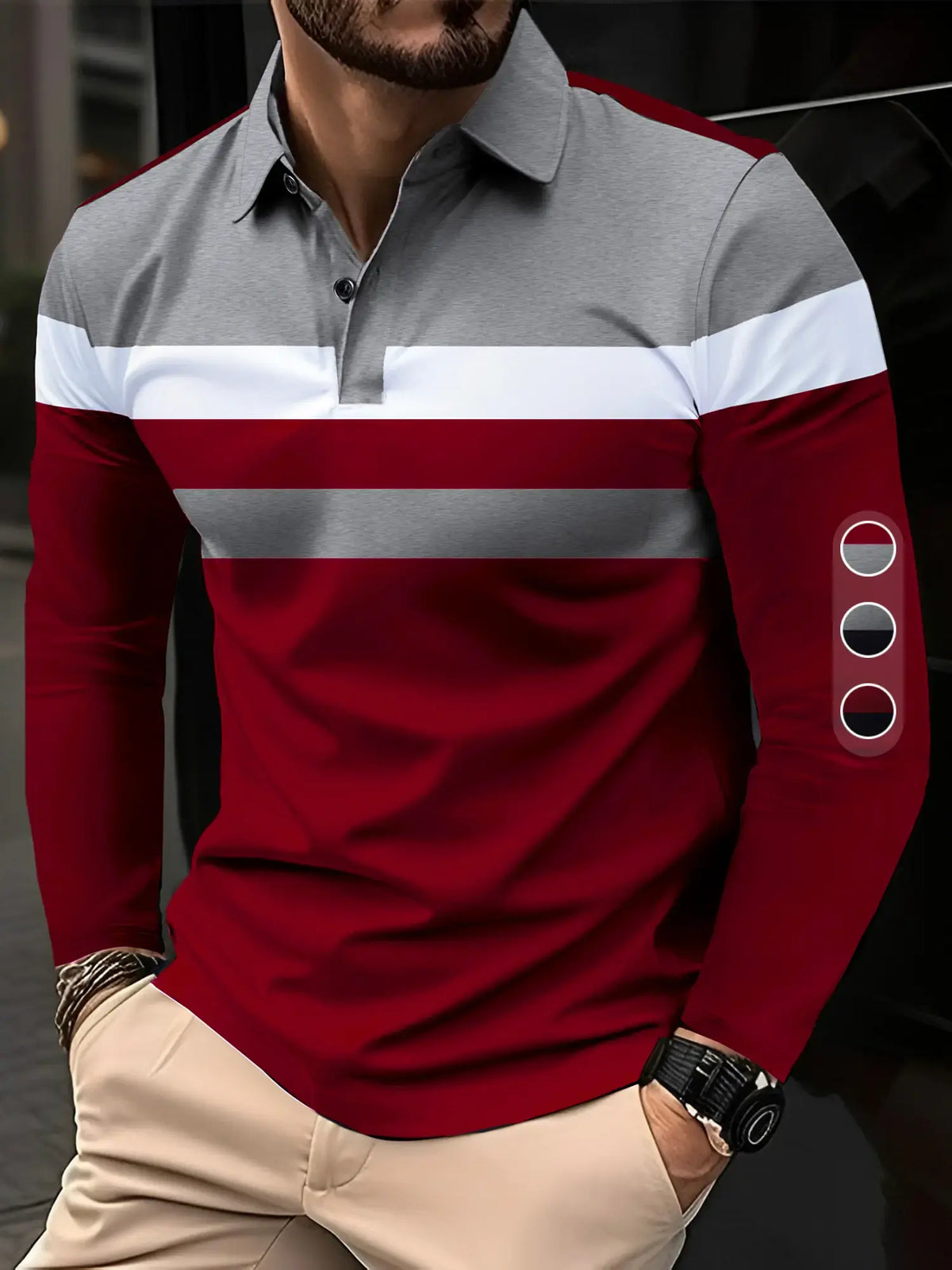 Men’s Color Block Long Sleeve Polo Shirt – Classic Button Collar Smart Casual Top