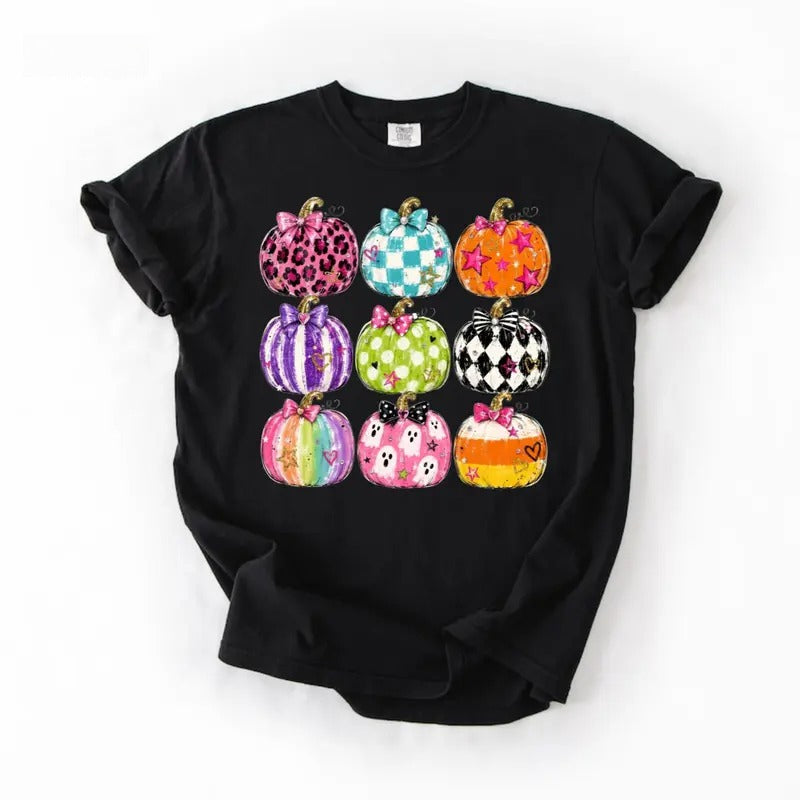 Coquette Halloween Pumpkin T-Shirt/Sweatshirt/Hoodie – Colorful Bow Graphic Vintage Washed Tee