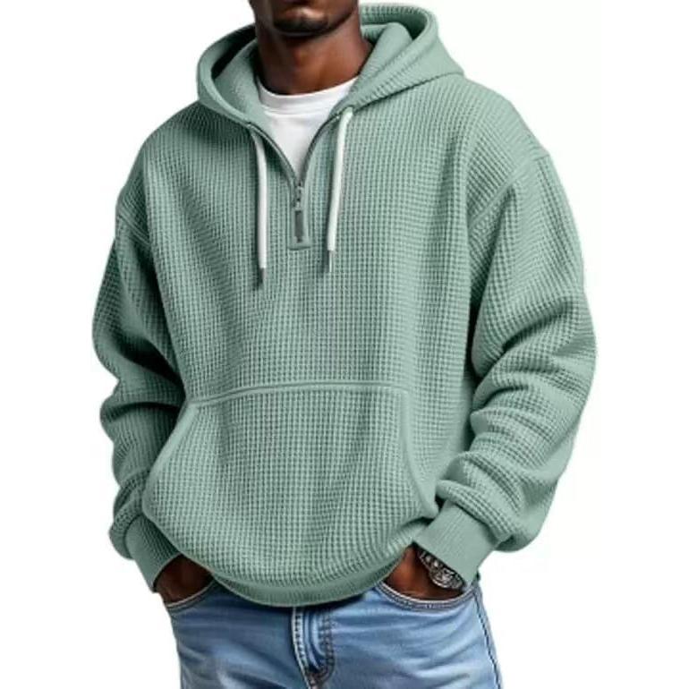 Men’s Waffle Knit Half-Zip Hoodie – Casual Textured Pullover with Kangaroo Pocket & Drawstring