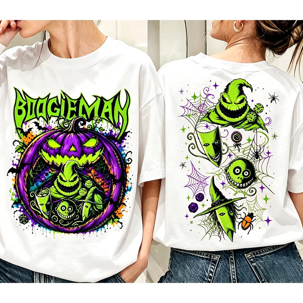 Welcome to Our Nightmare T-Shirt, Sweatshirt & Hoodie – Boogeyman Halloween Horror Graphic, Spooky Pumpkin & Scary Characters, Front and Back Print Halloween Gift