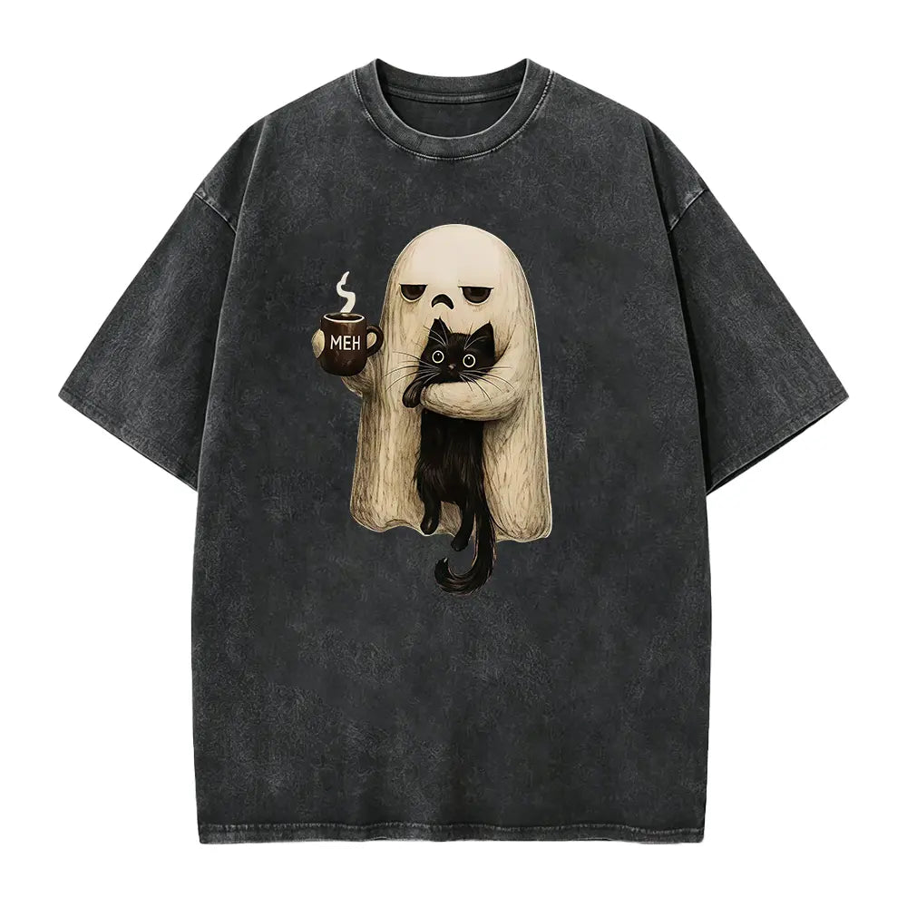 Meh Ghost Cat Halloween T-Shirt/Sweatshirt/Hoodie – Funny Black Cat Coffee Spooky Graphic Tee