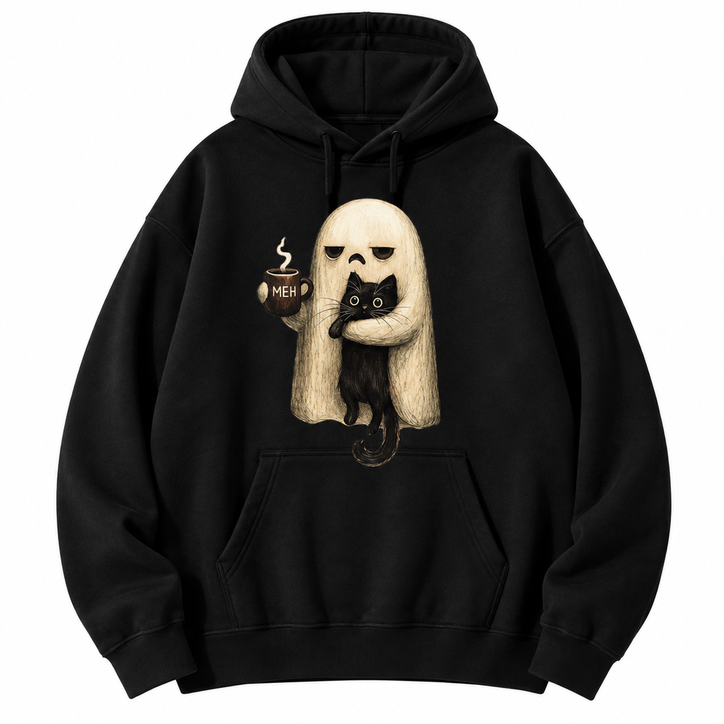 Meh Ghost Cat Halloween T-Shirt/Sweatshirt/Hoodie – Funny Black Cat Coffee Spooky Graphic Tee