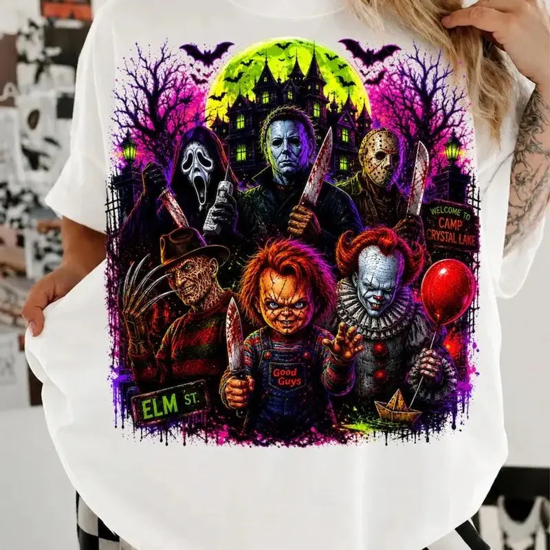 Neon Horror Halloween Graphic T-Shirt/Sweatshirt/Hoodie– Scary Movie Characters Spooky Season Tee
