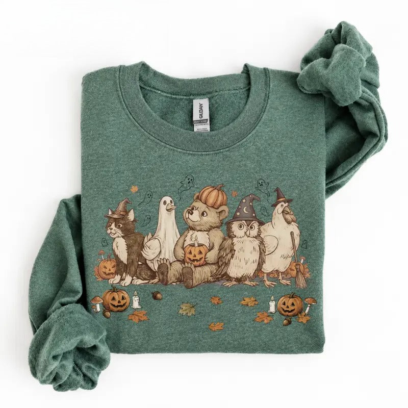 Cute Halloween Animal Friends T-Shirt, Sweatshirt & Hoodie – Vintage Spooky Bear, Cat & Ghost Graphic Print