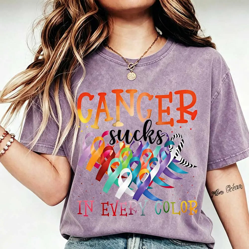 Cancer Sucks In Every Color T-Shirt/Sweatshirt/Hoodie – Multicolor Cancer Awareness Ribbon Graphic Tee