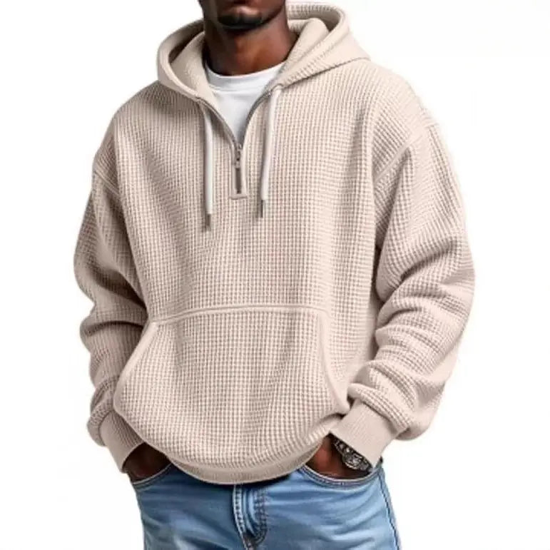 Men’s Waffle Knit Half-Zip Hoodie – Casual Textured Pullover with Kangaroo Pocket & Drawstring