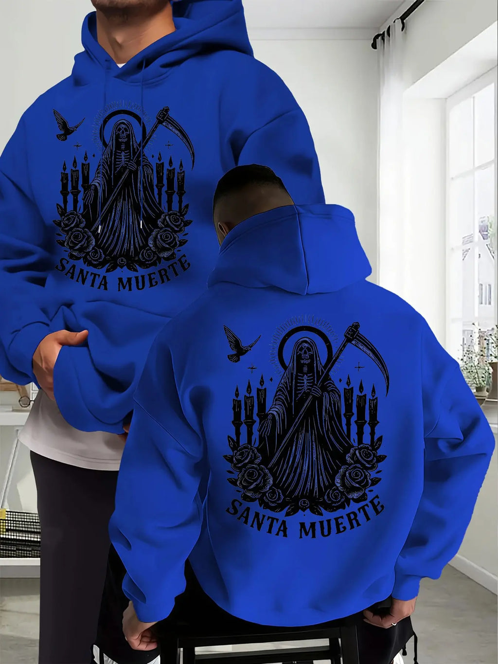 Santa Muerte Gothic Hoodie/Sweatshirt/T-shirt – Skull Rose & Scythe Front Back Graphic Pullover Sweatshirt