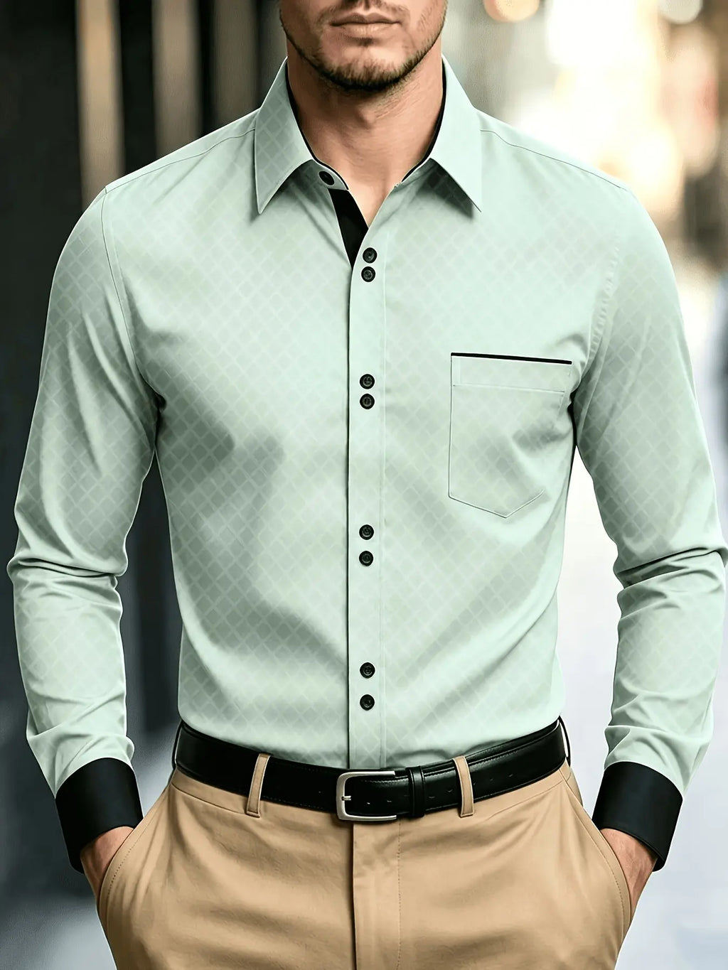 Men’s Diamond Pattern Button-Down Shirt – Slim Fit Long Sleeve Dress Shirt