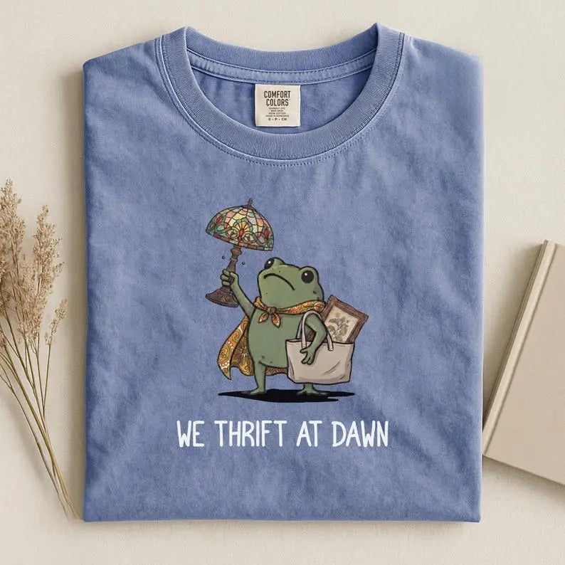 We Thrift At Dawn Funny Frog Graphic T-Shirt, Sweatshirt & Hoodie – Thrift Lover Vintage Treasure Hunting Tee