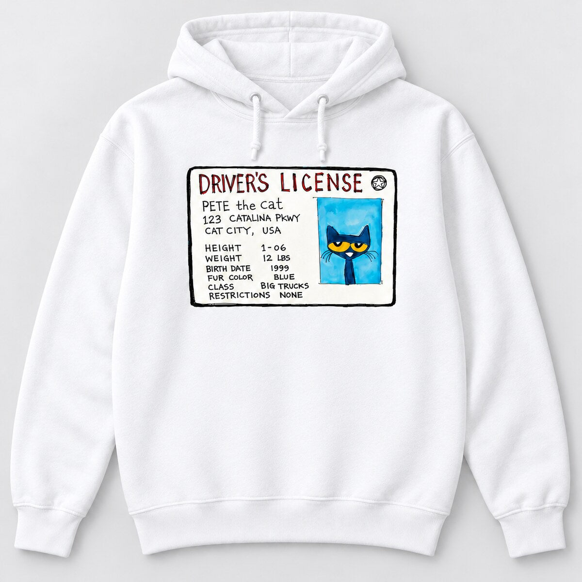 Pete the Cat Driver’s License Graphic T-Shirt, Sweatshirt & Hoodie – Funny Cartoon Cat ID Card Print, Back to School Humor, Retro Childhood Inspired Gift