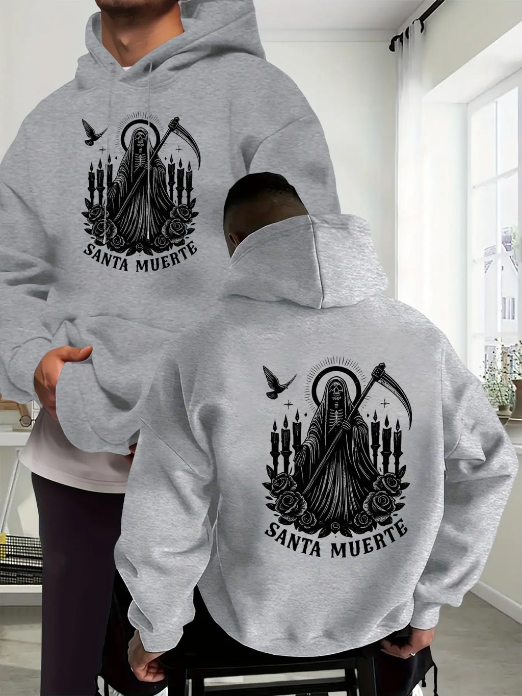 Santa Muerte Gothic Hoodie/Sweatshirt/T-shirt – Skull Rose & Scythe Front Back Graphic Pullover Sweatshirt