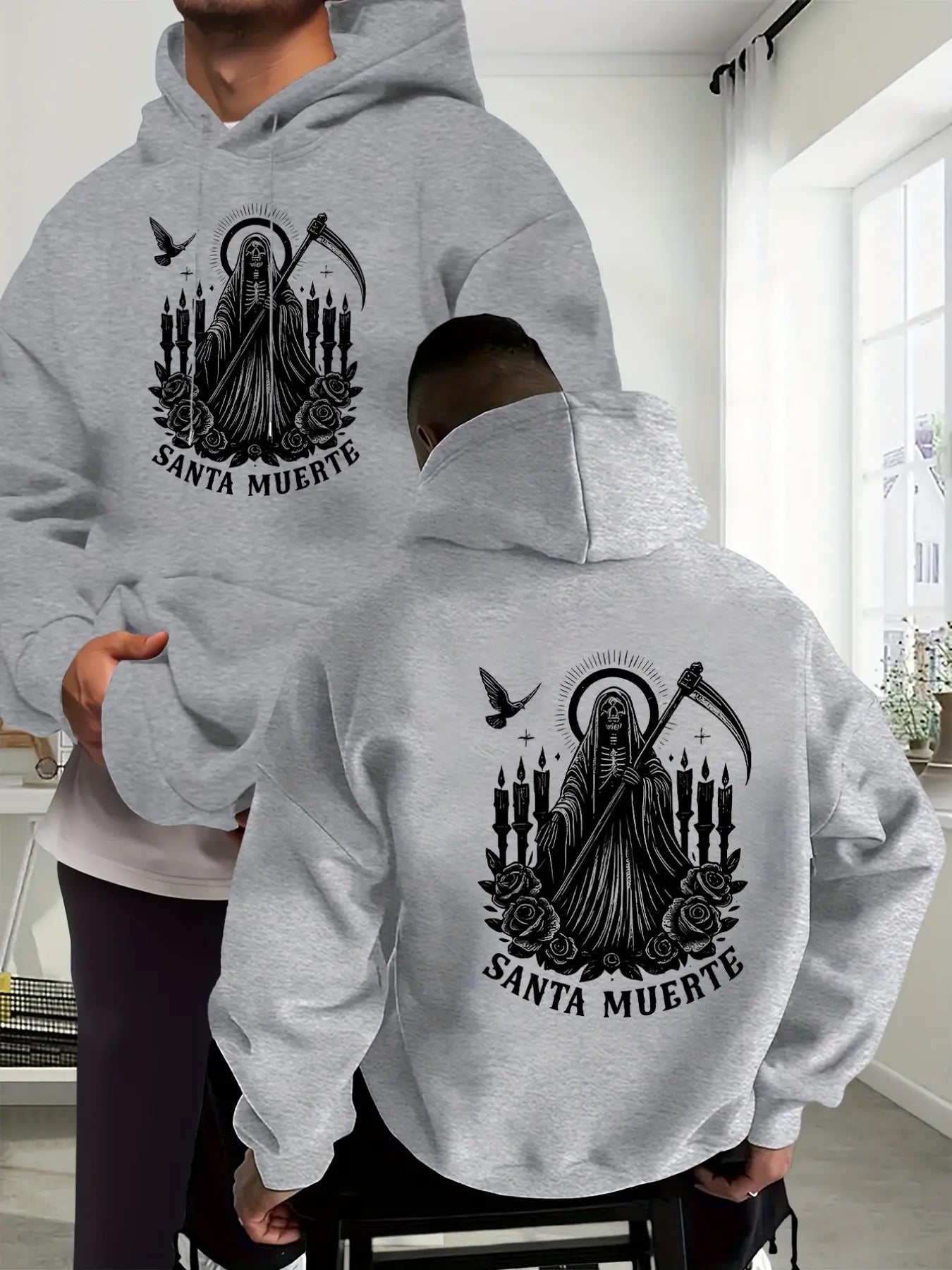 Santa Muerte Gothic Hoodie/Sweatshirt/T-shirt – Skull Rose & Scythe Front Back Graphic Pullover Sweatshirt