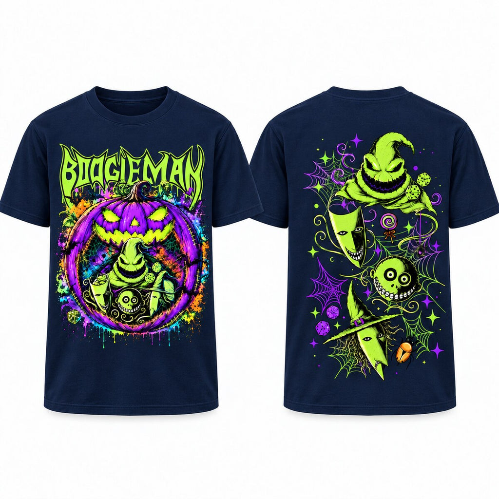 Welcome to Our Nightmare T-Shirt, Sweatshirt & Hoodie – Boogeyman Halloween Horror Graphic, Spooky Pumpkin & Scary Characters, Front and Back Print Halloween Gift