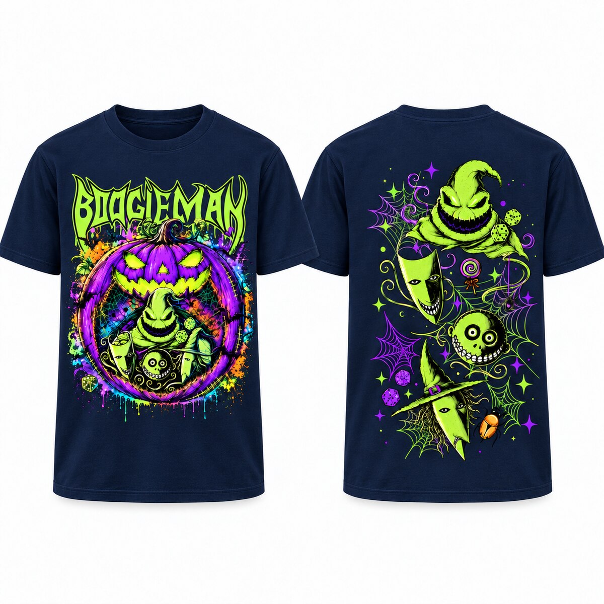 Welcome to Our Nightmare T-Shirt, Sweatshirt & Hoodie – Boogeyman Halloween Horror Graphic, Spooky Pumpkin & Scary Characters, Front and Back Print Halloween Gift