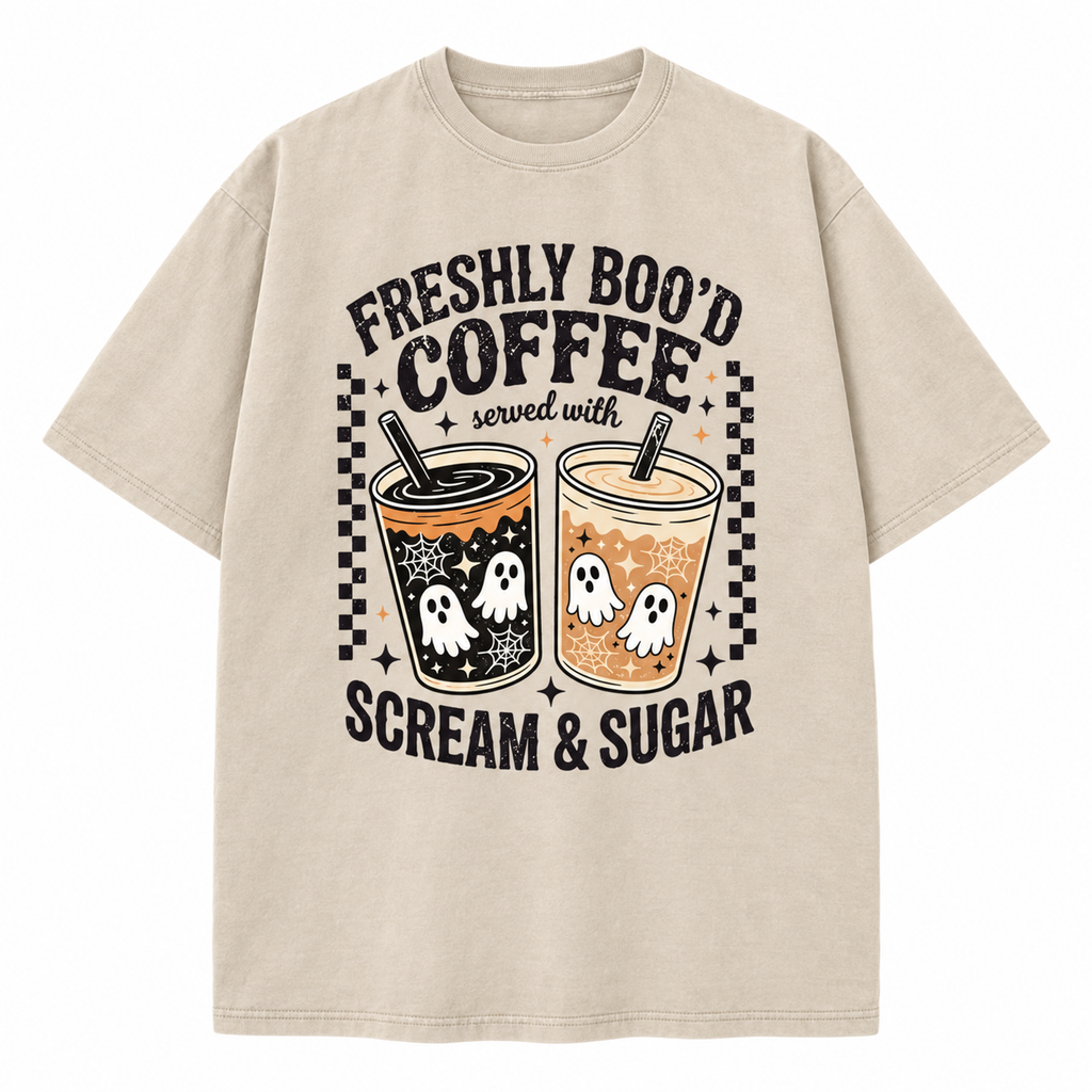 Freshly Boo’d Coffee Halloween T-Shirt/Sweatshirt/Hoodie – Ghost Coffee Scream & Sugar Graphic Tee