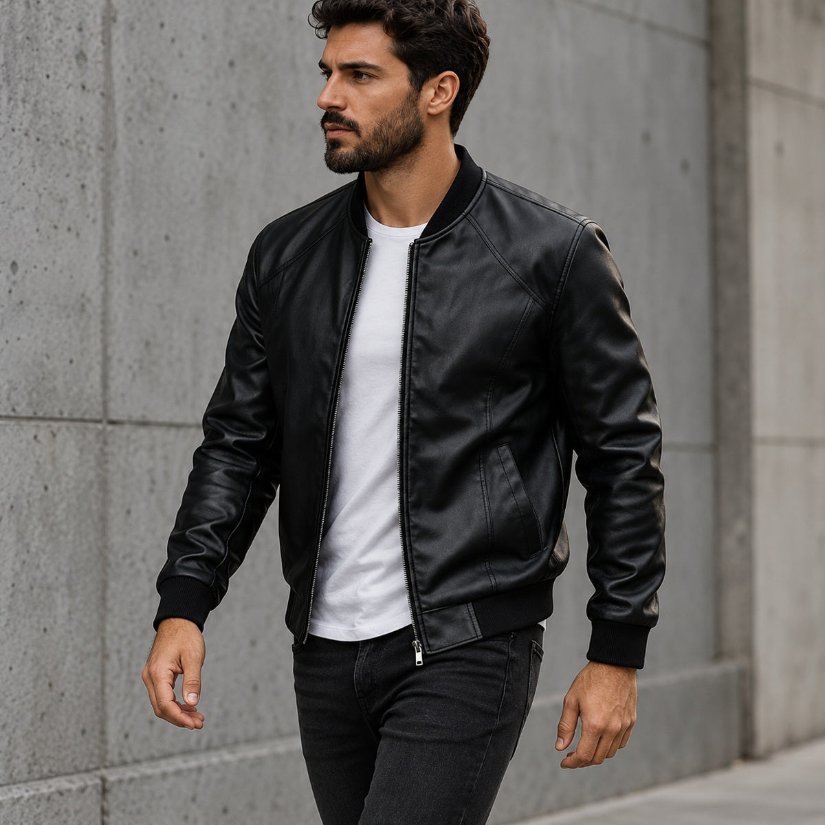Men’s Faux Leather Bomber Jacket – Vintage Style, Slim Fit & Zip-Up Design