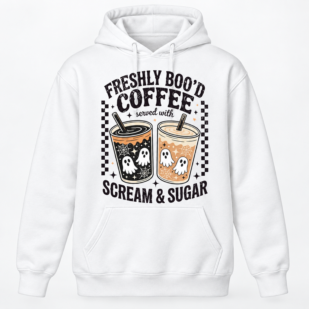 Freshly Boo’d Coffee Halloween T-Shirt/Sweatshirt/Hoodie – Ghost Coffee Scream & Sugar Graphic Tee