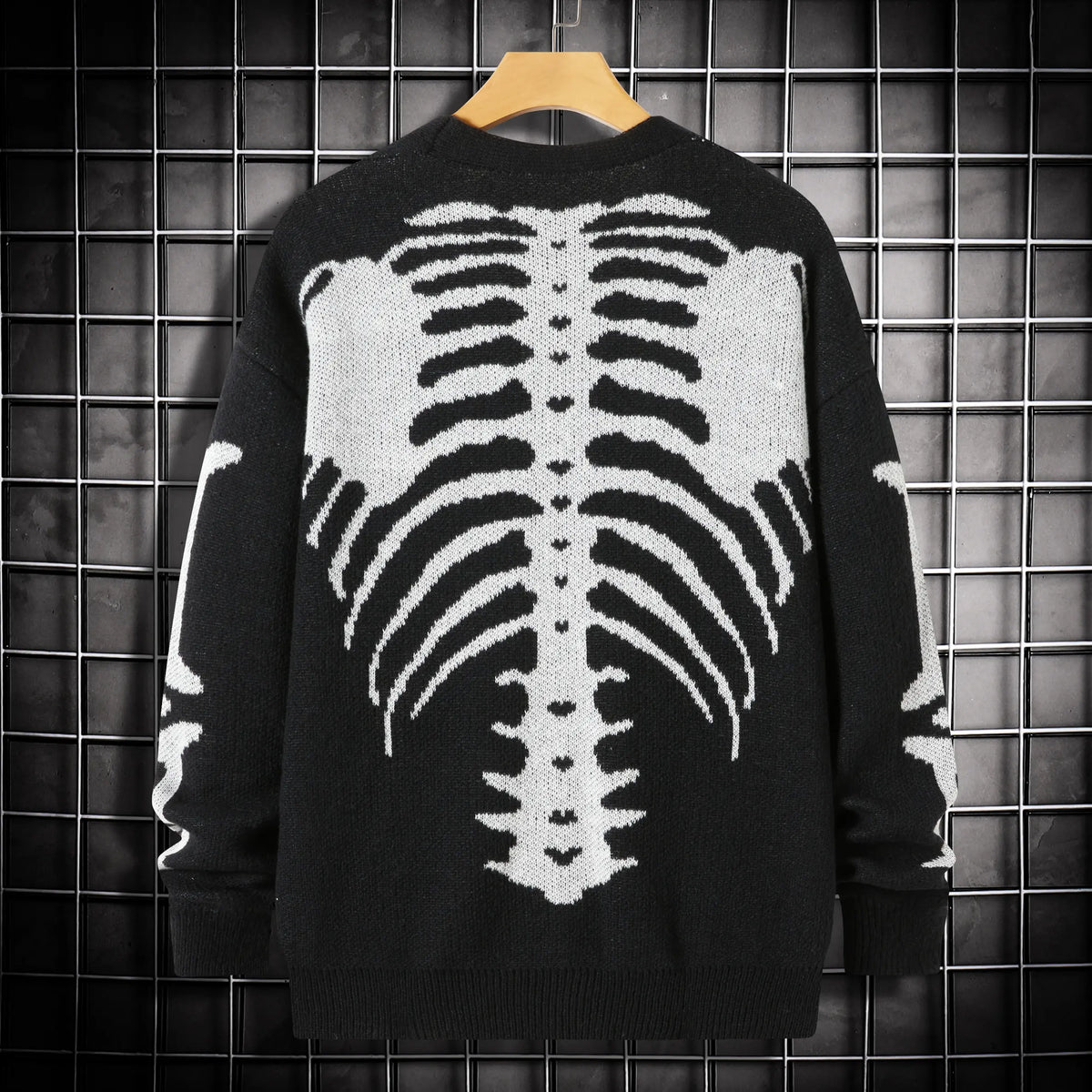 Men’s Skeleton Rib Cage Knit Cardigan – Gothic V-Neck Button-Up Sweater, Oversized Halloween Streetwear