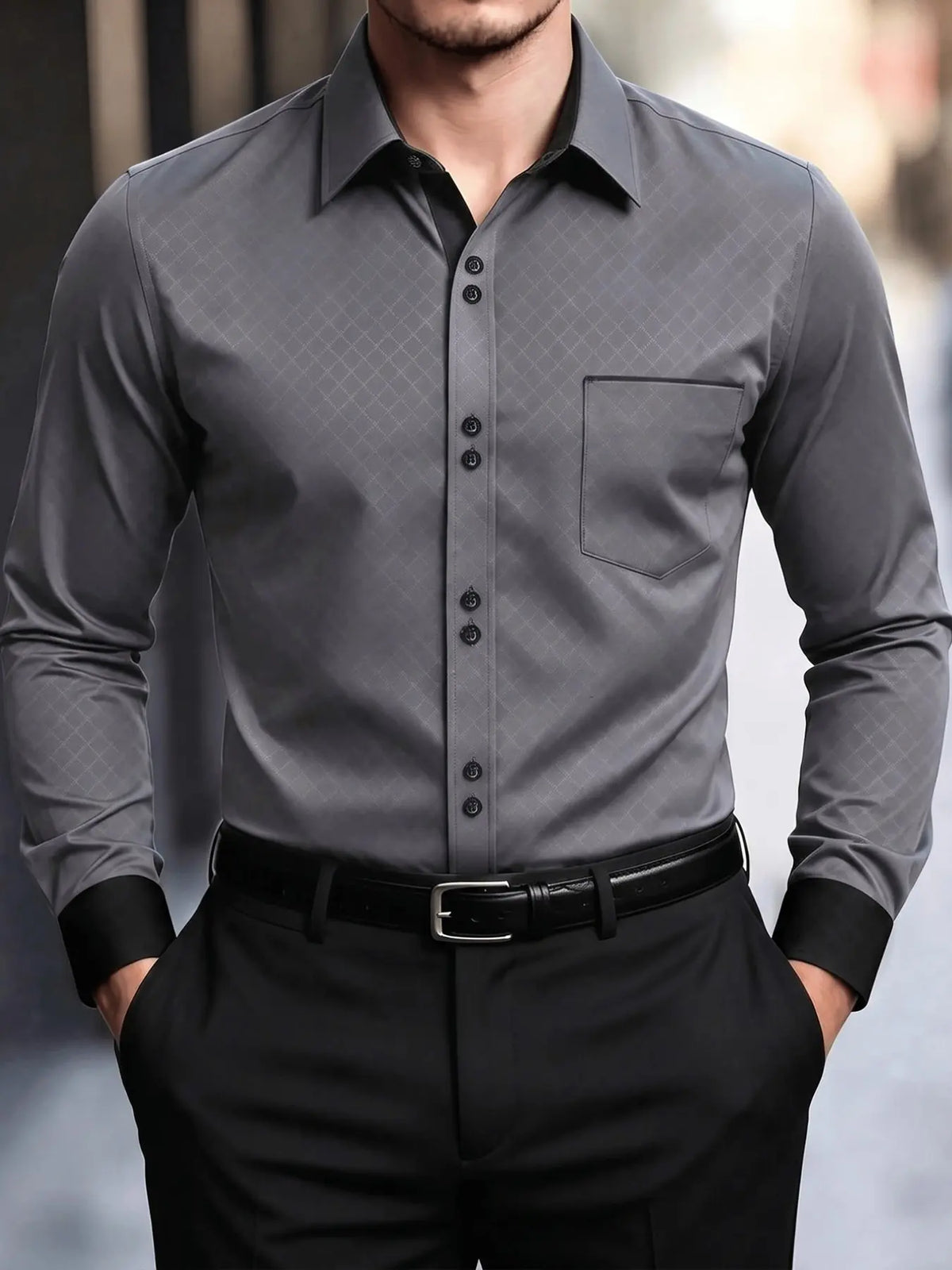 Men’s Diamond Pattern Button-Down Shirt – Slim Fit Long Sleeve Dress Shirt