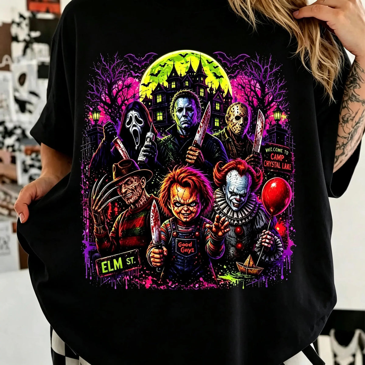 Neon Horror Halloween Graphic T-Shirt/Sweatshirt/Hoodie– Scary Movie Characters Spooky Season Tee