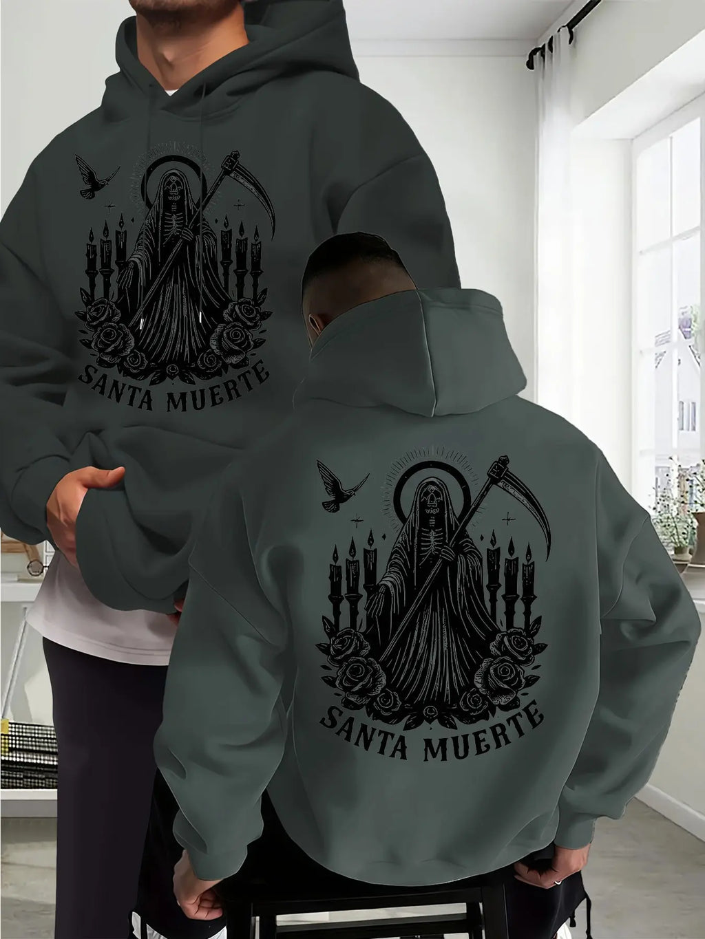 Santa Muerte Gothic Hoodie/Sweatshirt/T-shirt – Skull Rose & Scythe Front Back Graphic Pullover Sweatshirt