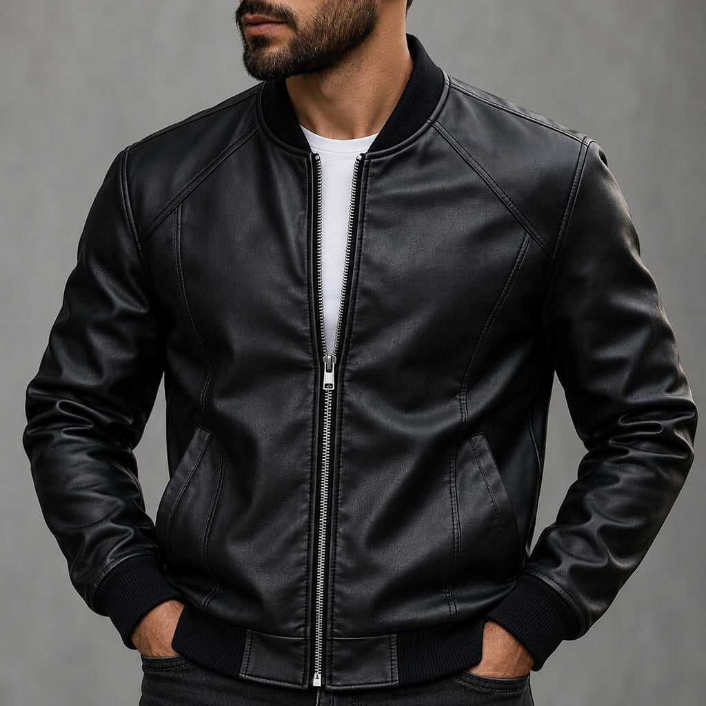 Men’s Faux Leather Bomber Jacket – Vintage Style, Slim Fit & Zip-Up Design