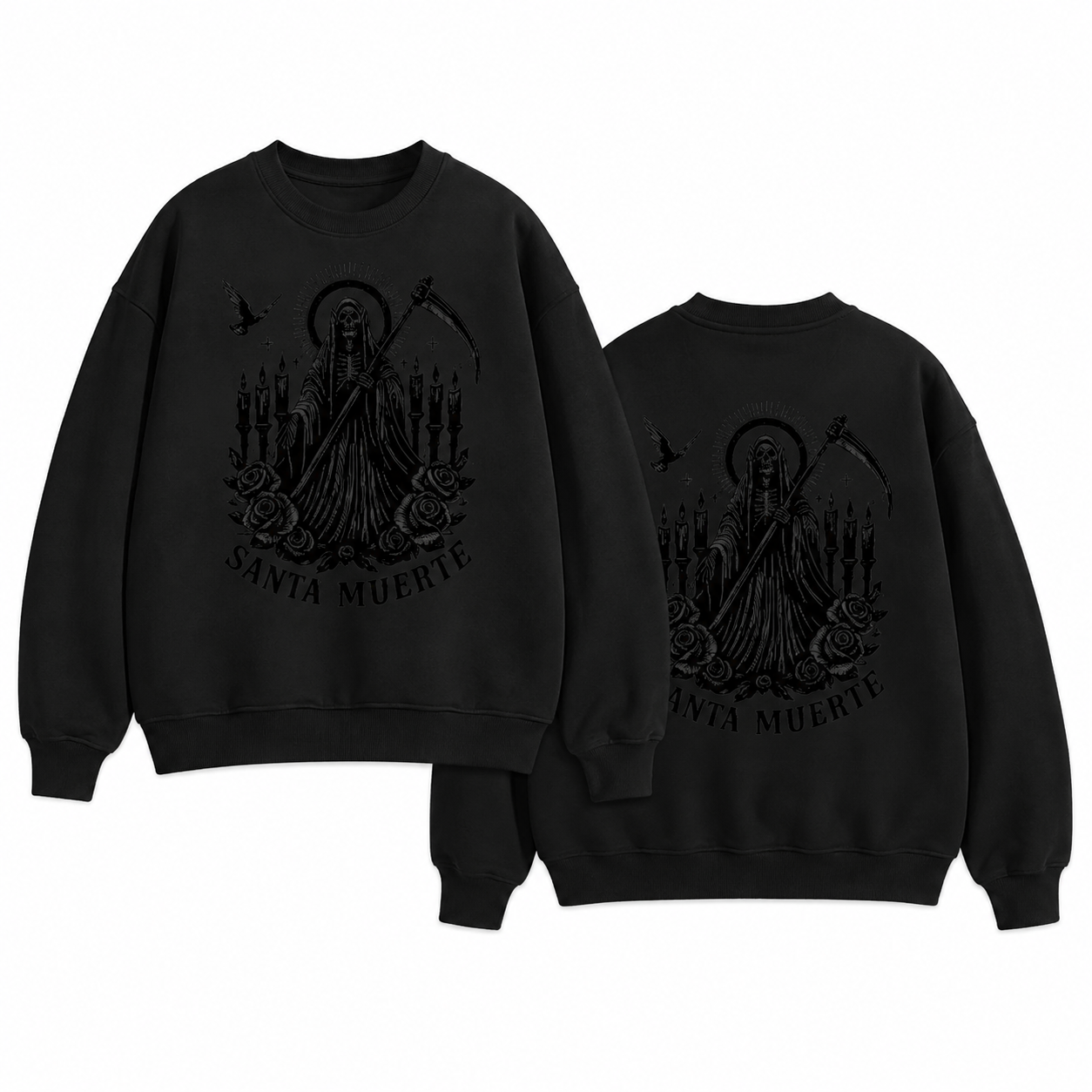 Santa Muerte Gothic Hoodie/Sweatshirt/T-shirt – Skull Rose & Scythe Front Back Graphic Pullover Sweatshirt