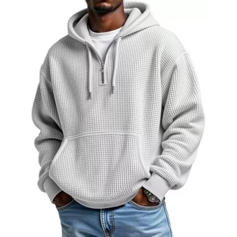 Men’s Waffle Knit Half-Zip Hoodie – Casual Textured Pullover with Kangaroo Pocket & Drawstring
