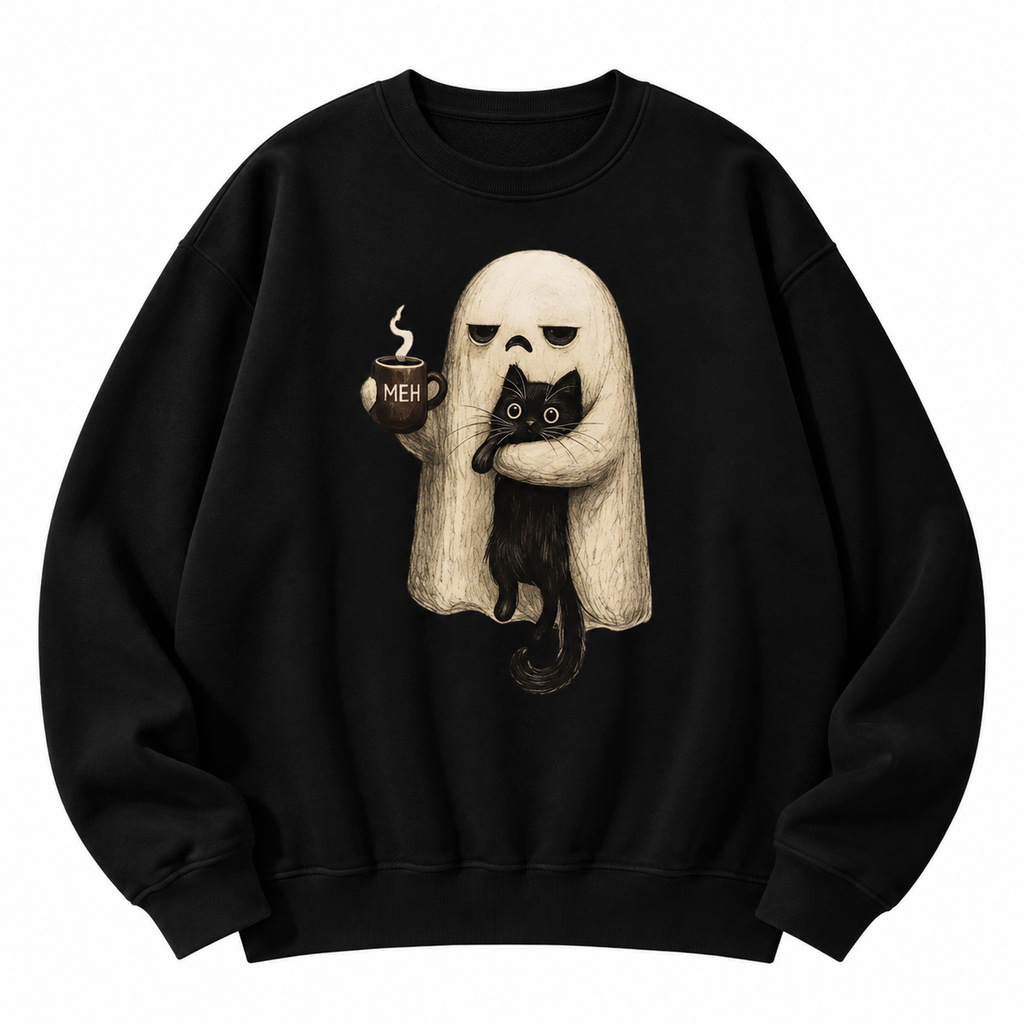 Meh Ghost Cat Halloween T-Shirt/Sweatshirt/Hoodie – Funny Black Cat Coffee Spooky Graphic Tee